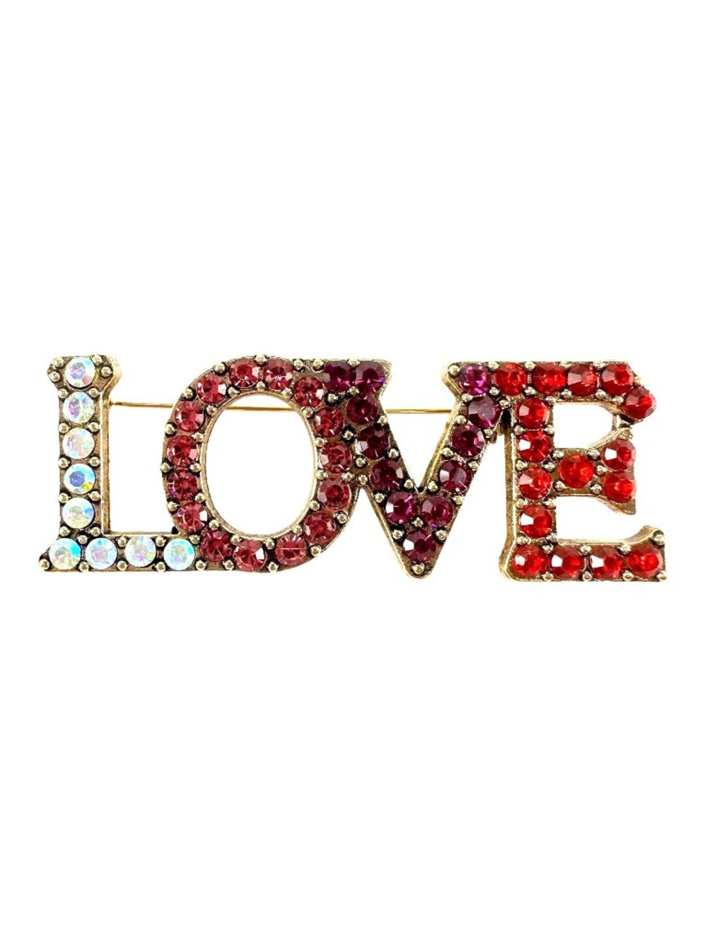 Love Brooch Red & Iridescent Crystals Gold Tone